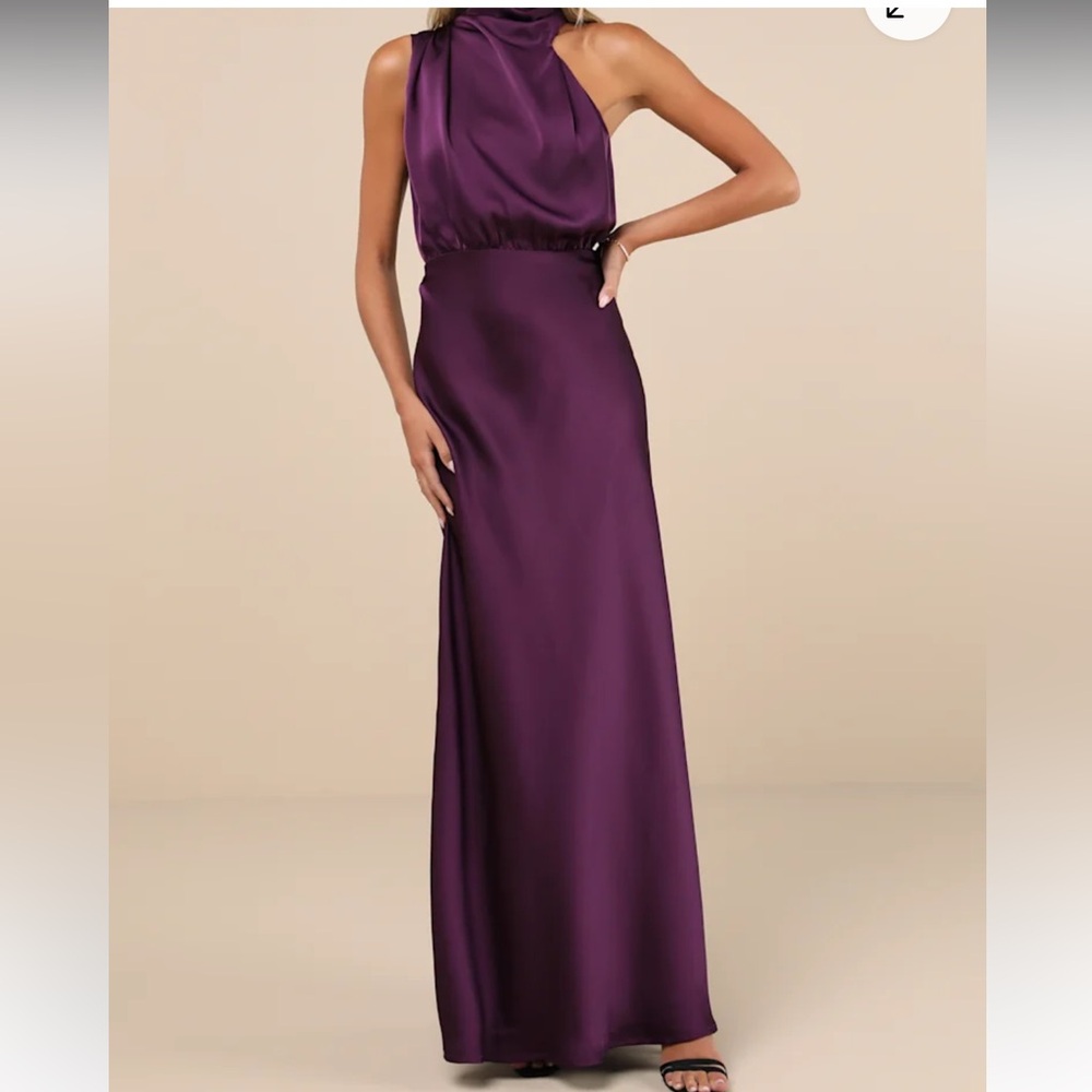 Lulus Distinctive Charm Purple Satin Asymmetrical Maxi Dress Size XS
